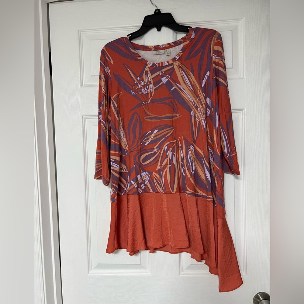 LOGO Orange And Lavendar Top With Unique Asymmetrical Hem.